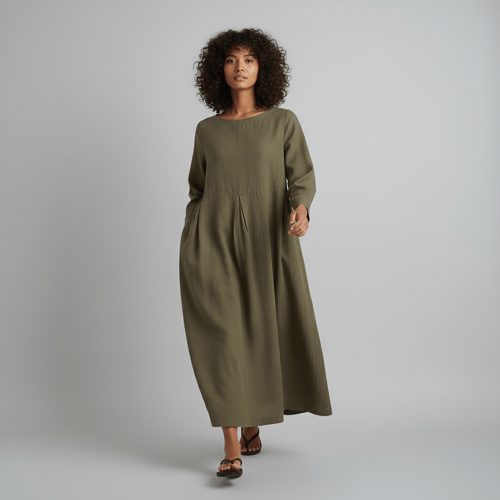 Shirley Round Neck Oversized Maxi Dress for Women with Side Pockets - Olive Green