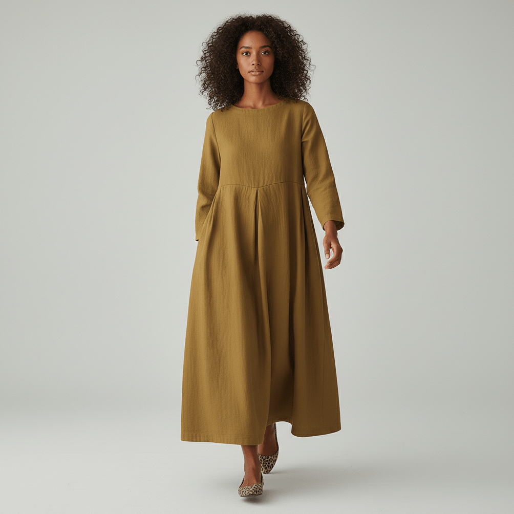 Shirley Round Neck Oversized Maxi Dress for Women with Side Pockets - Mustard Yellow