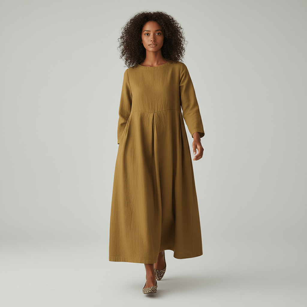 Shirley Round Neck Oversized Maxi Dress for Women with Side Pockets - Mustard Yellow