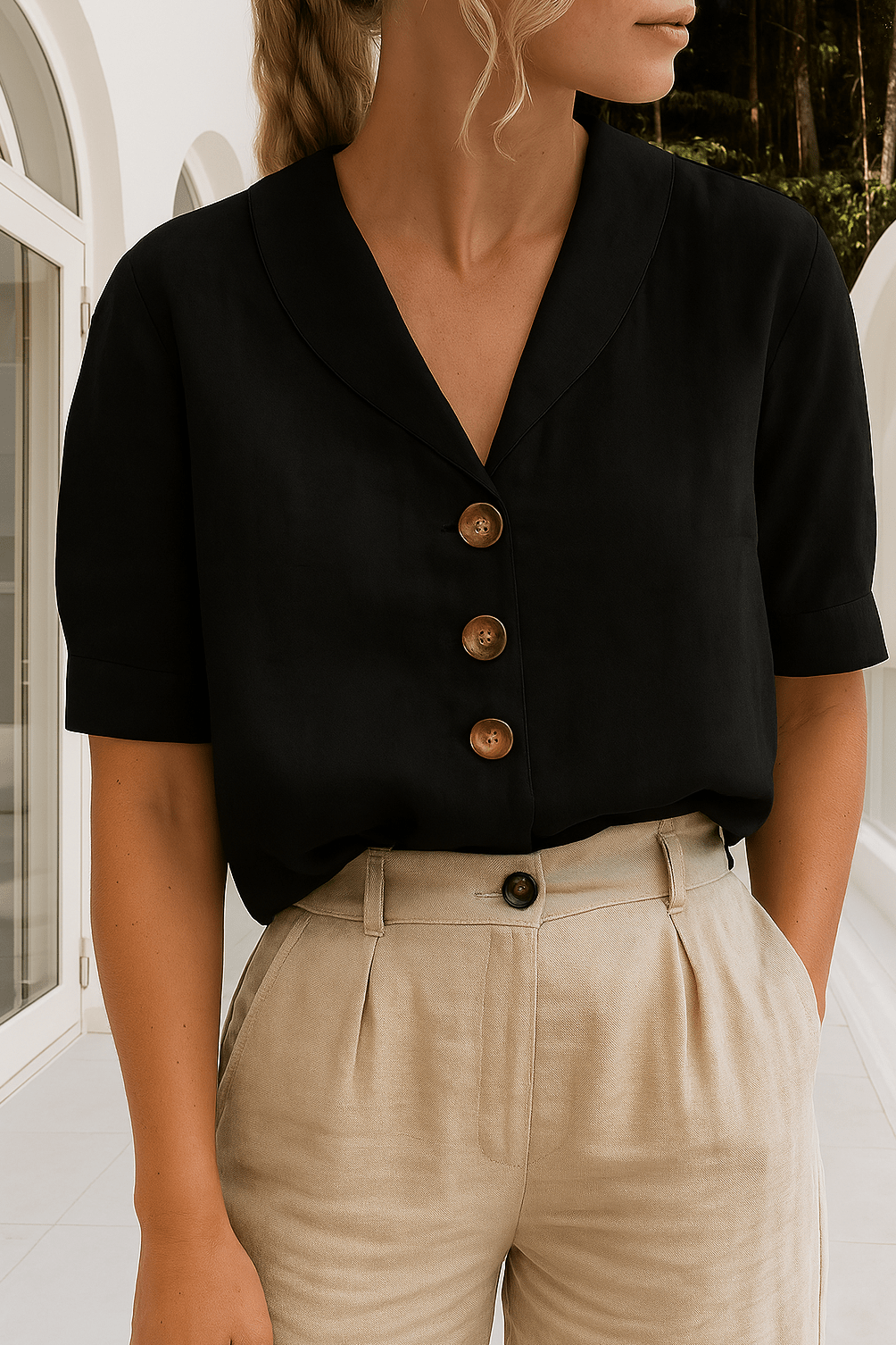Skye V-Neck Button Down Blouse with Revere Collar - Classic Black