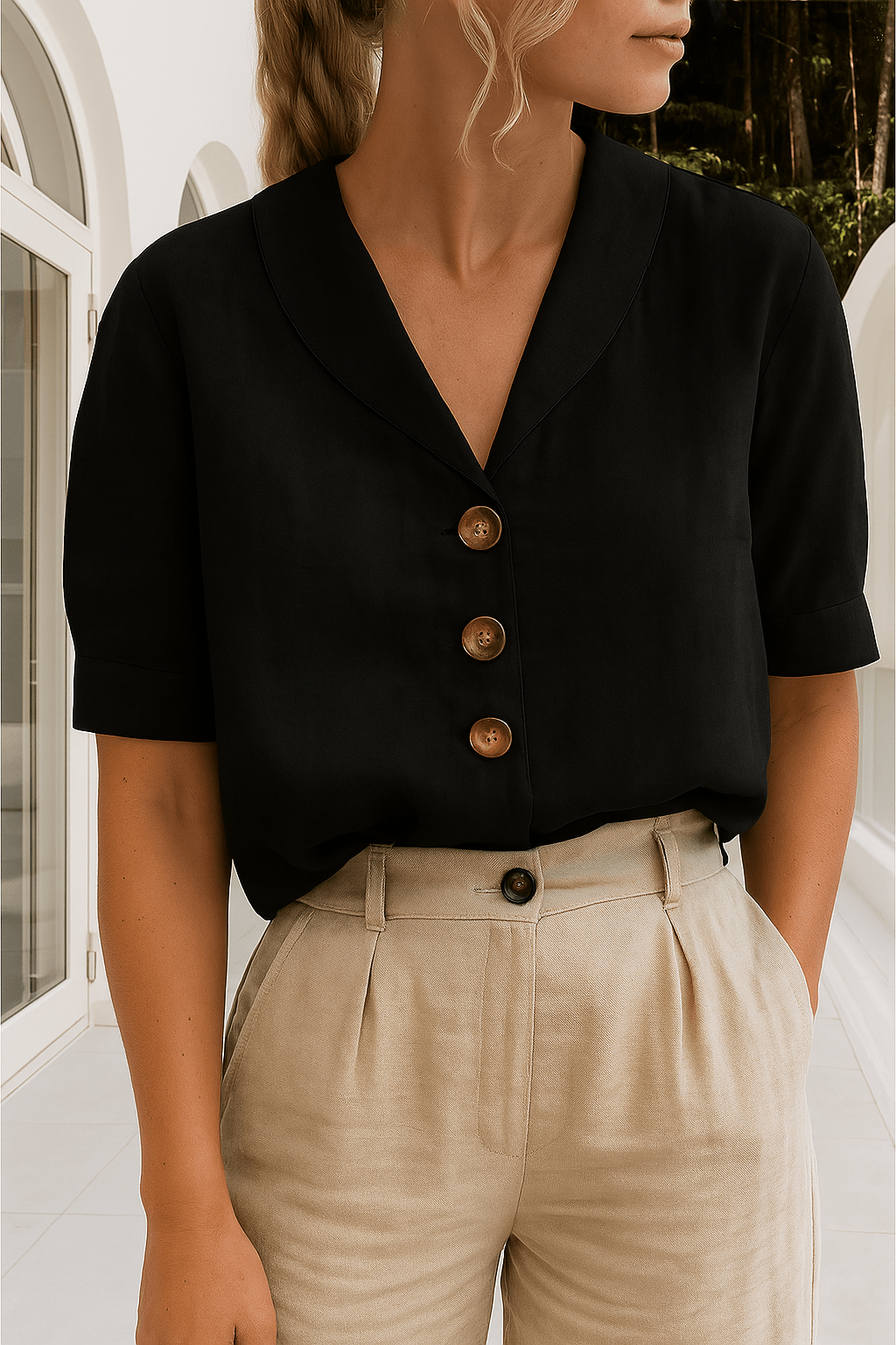 Skye V-Neck Button Down Blouse with Revere Collar - Classic Black