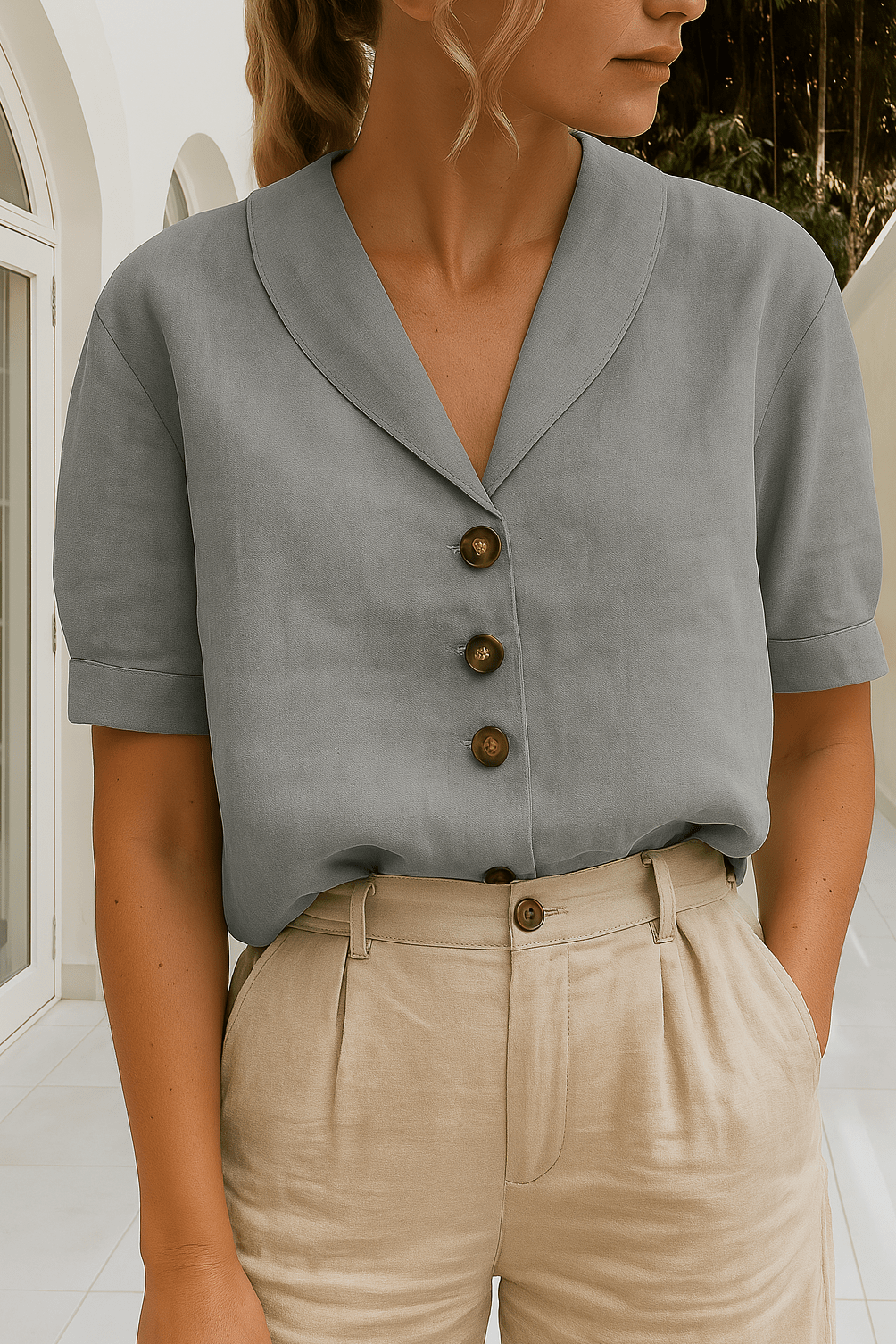 Skye V-Neck Button Down Blouse with Revere Collar - Slate Gray
