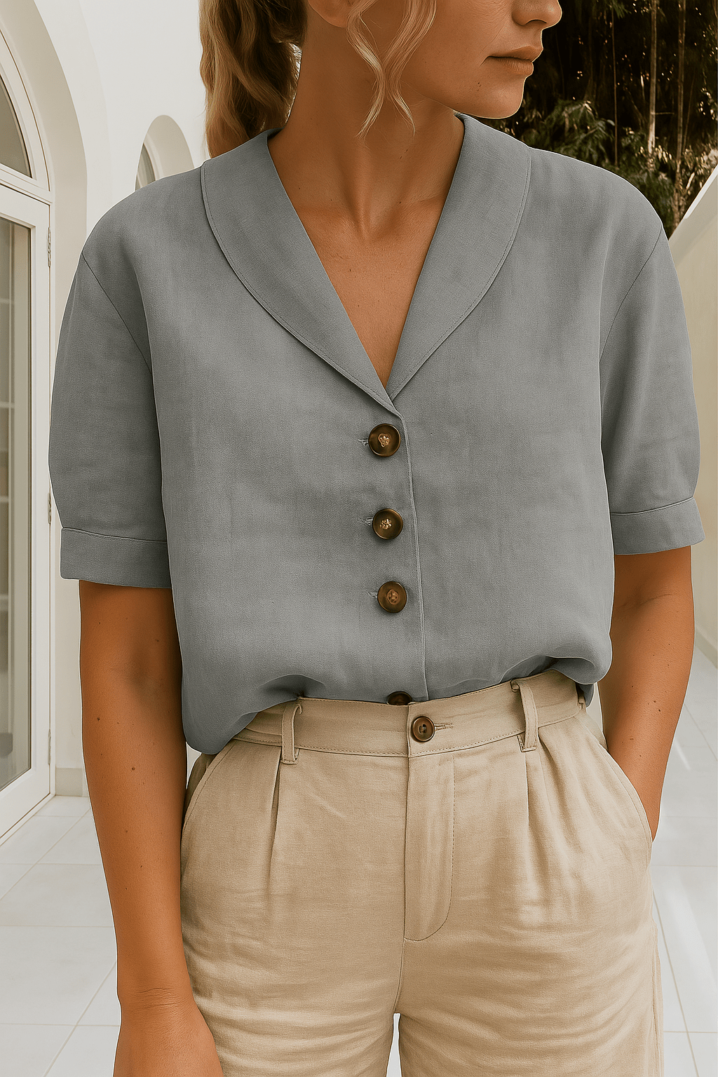 Skye V-Neck Button Down Blouse with Revere Collar - Slate Gray