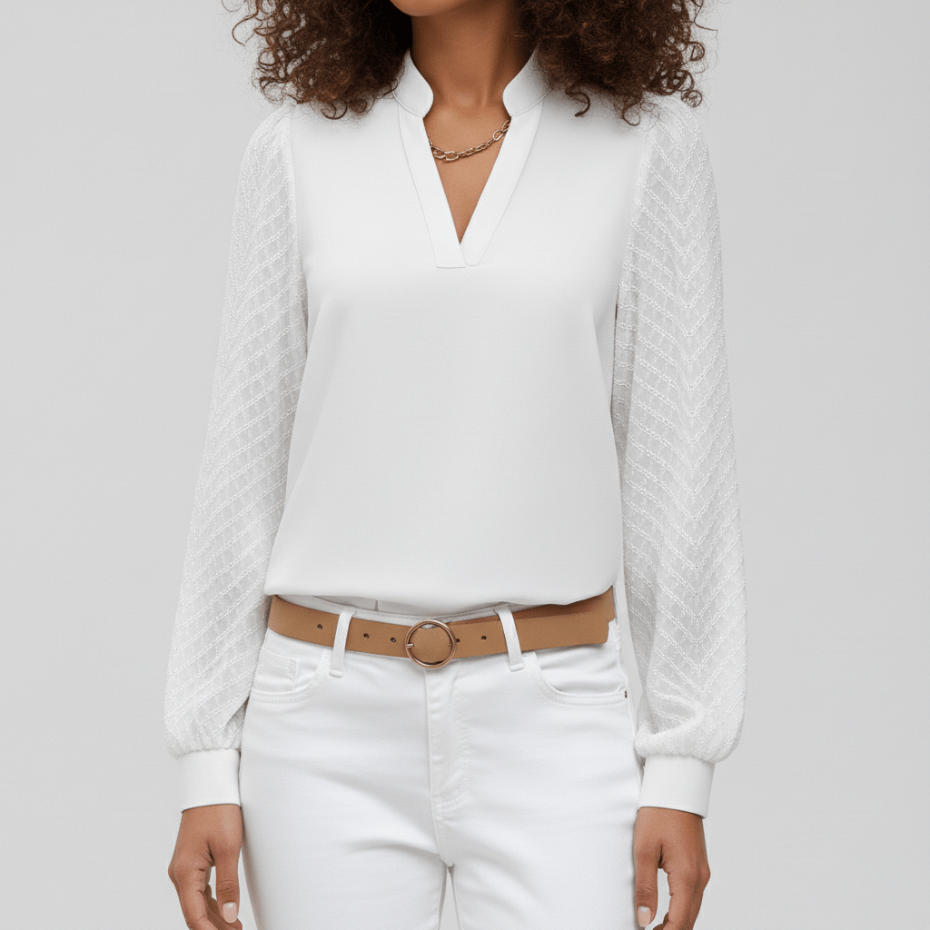 Susan Textured Sleeve V-Neck Blouse for Women - Classic White