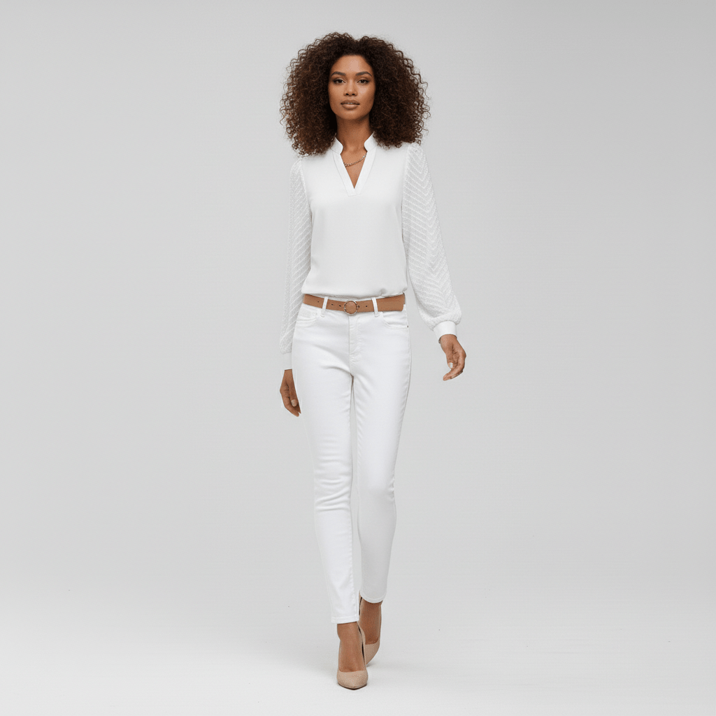 Susan Textured Sleeve V-Neck Blouse for Women