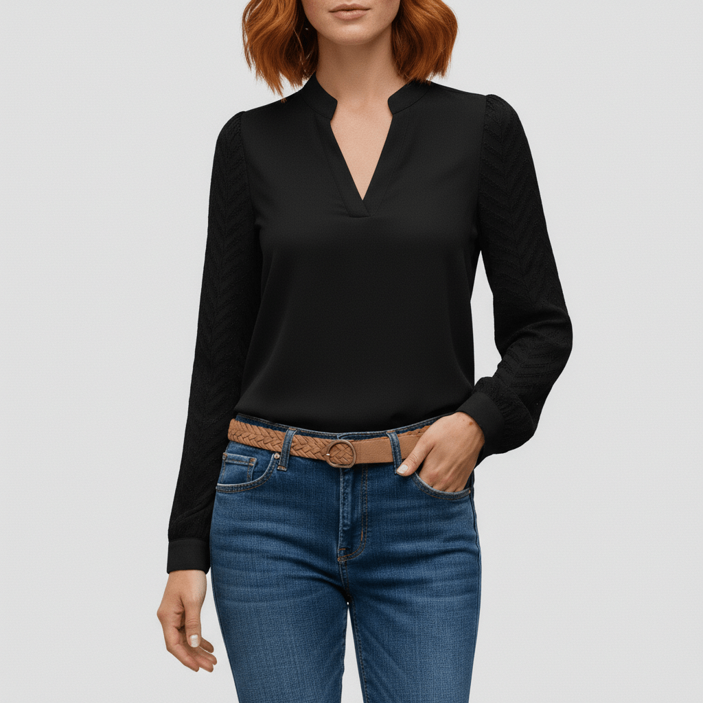 Susan Textured Sleeve V-Neck Blouse for Women - Midnight Black