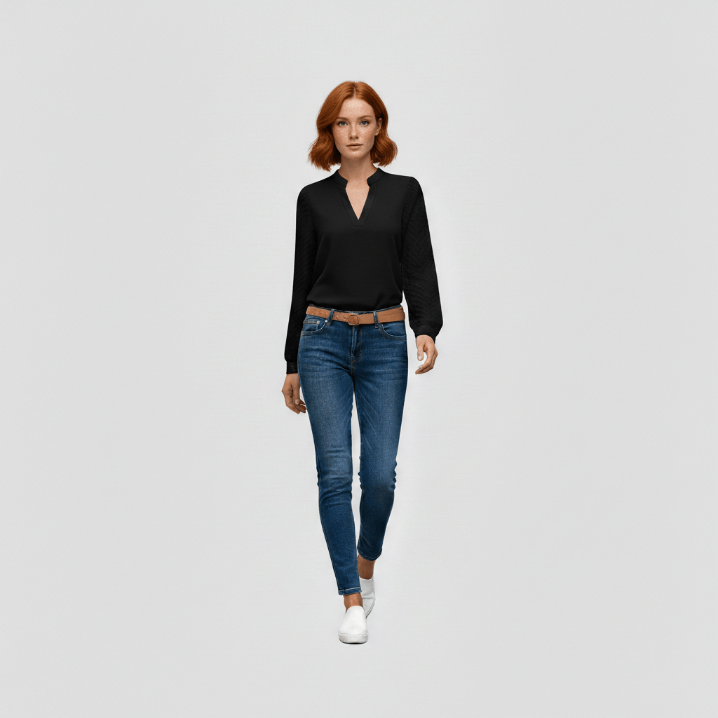 Susan Textured Sleeve V-Neck Blouse for Women