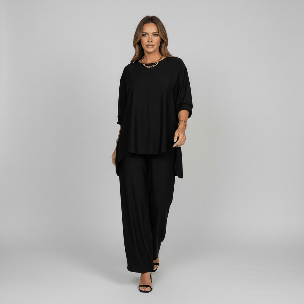 Susannah Two Piece Set Loose Top and Wide Leg Pants - Midnight Black