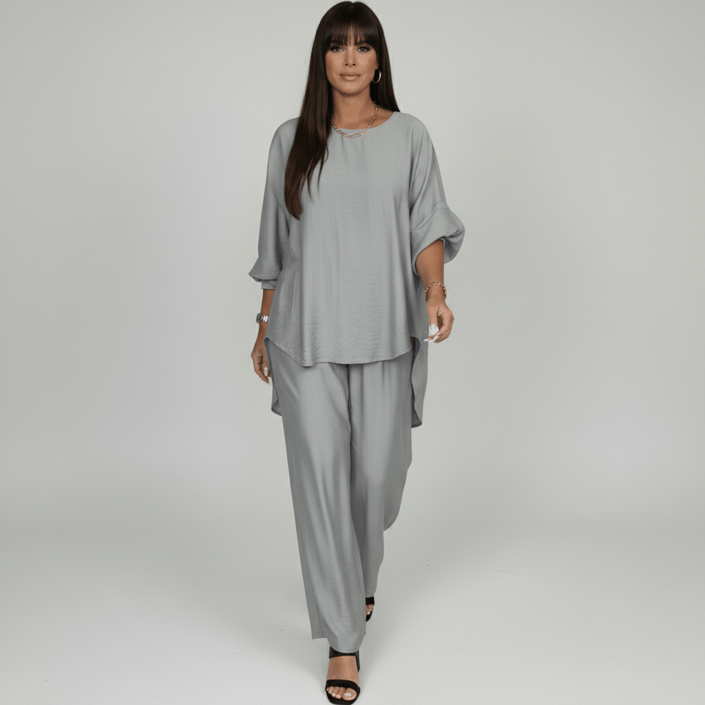 Susannah Two Piece Set Loose Top and Wide Leg Pants - Slate Gray