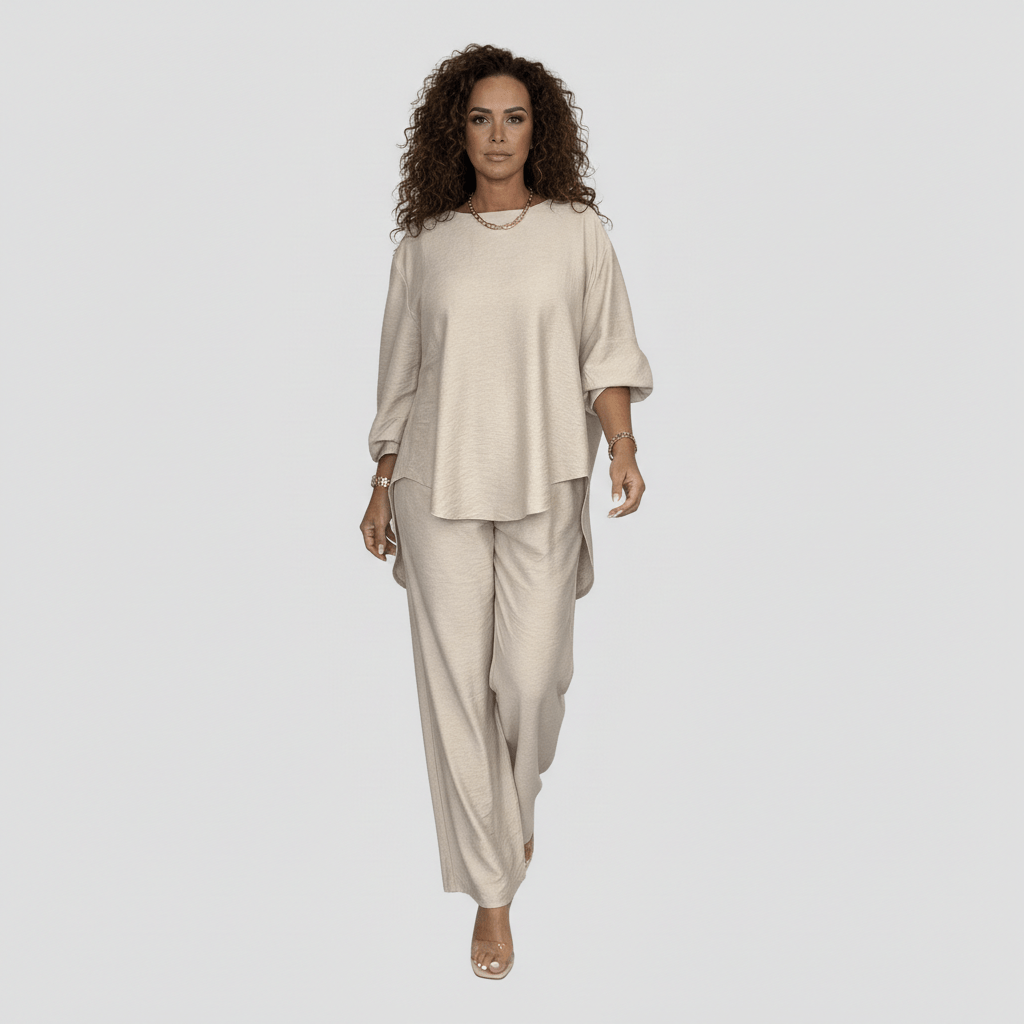 Susannah Two Piece Set Loose Top and Wide Leg Pants - Creamy Beige
