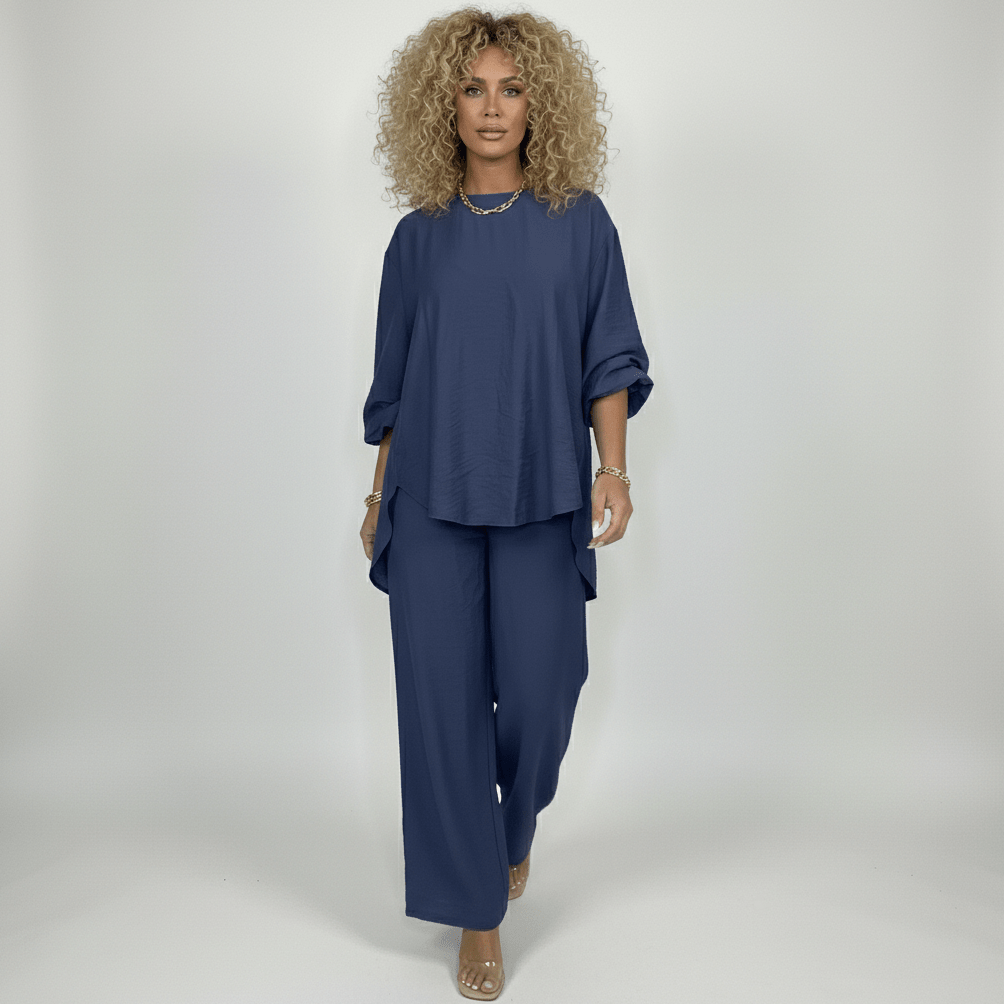 Susannah Two Piece Set Loose Top and Wide Leg Pants - Classic Navy