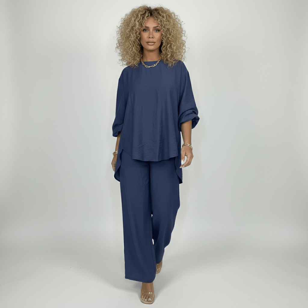 Susannah Two Piece Set Loose Top and Wide Leg Pants - Classic Navy