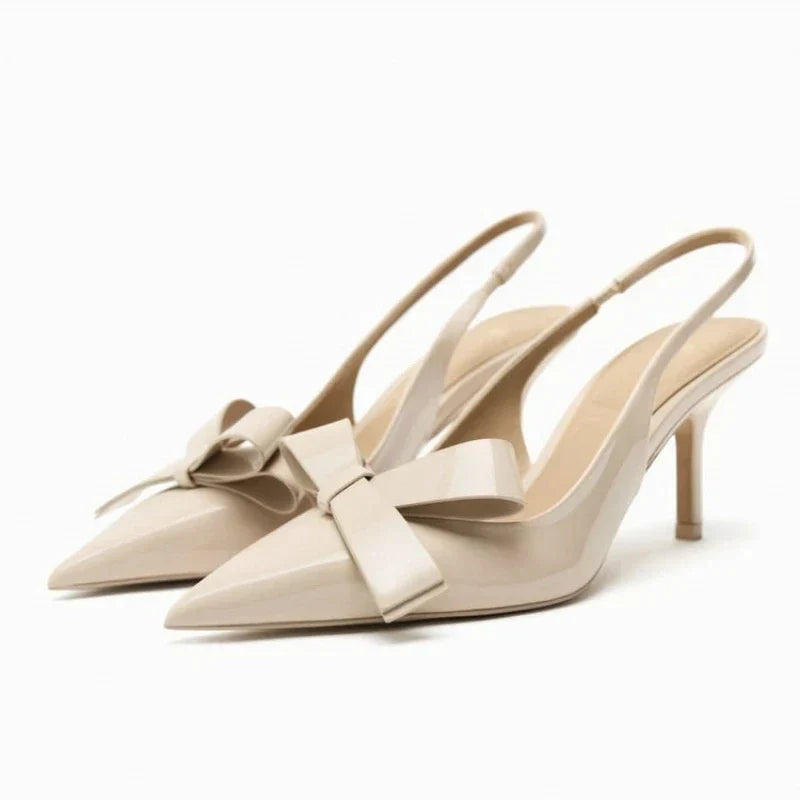 Susie Patent Bow Detail Slingback Heels with Pointed Toe - Cream Beige