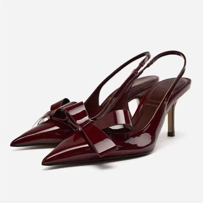 Susie Patent Bow Detail Slingback Heels with Pointed Toe - Wine Red