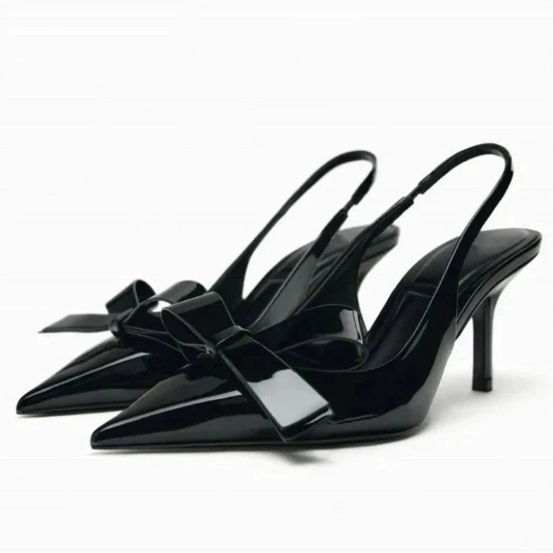 Susie Patent Bow Detail Slingback Heels with Pointed Toe - Jet Black