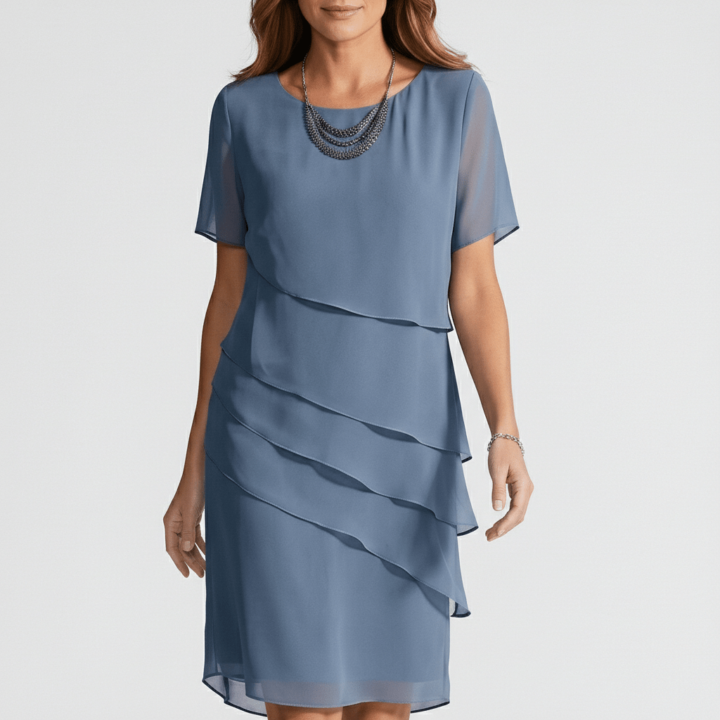 Willa Chiffon Short Sleeve Cocktail Dress with Layered Ruffle Design - Dusty Blue