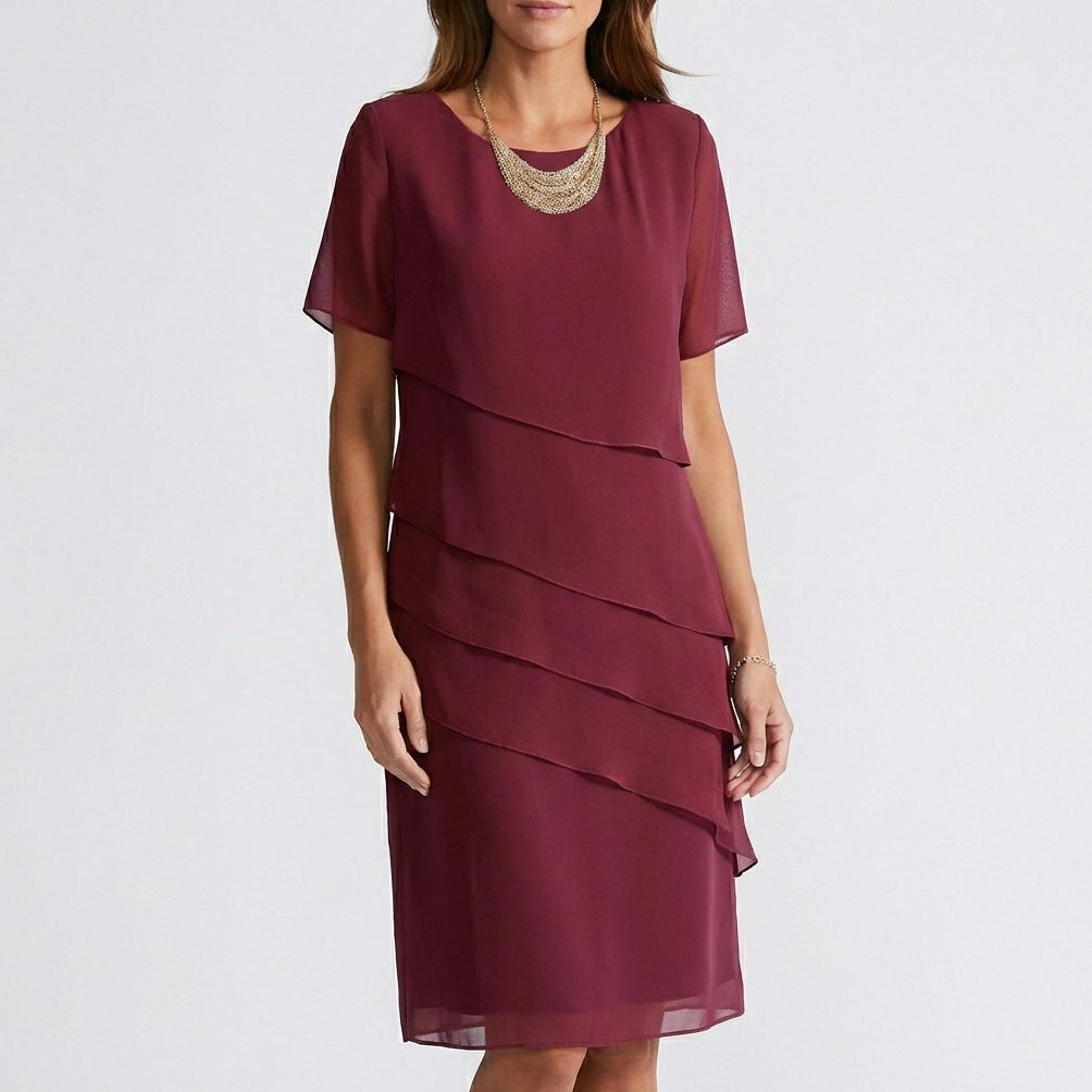 Willa Chiffon Short Sleeve Cocktail Dress with Layered Ruffle Design - Wine Red
