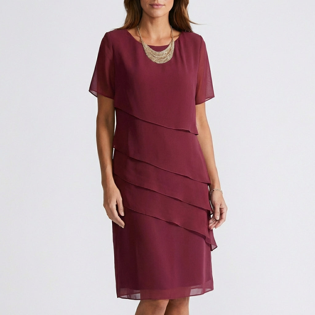 Willa Chiffon Short Sleeve Cocktail Dress with Layered Ruffle Design - Wine Red