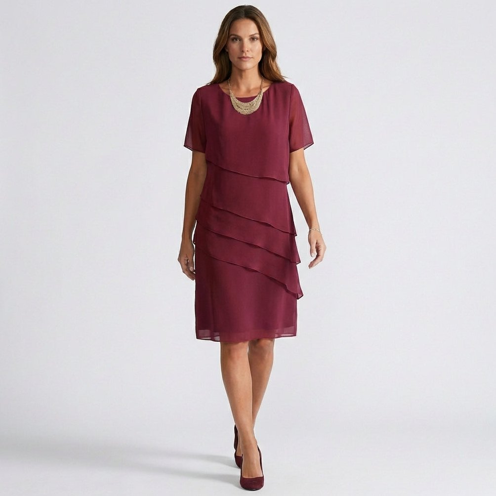 Willa Chiffon Short Sleeve Cocktail Dress with Layered Ruffle Design