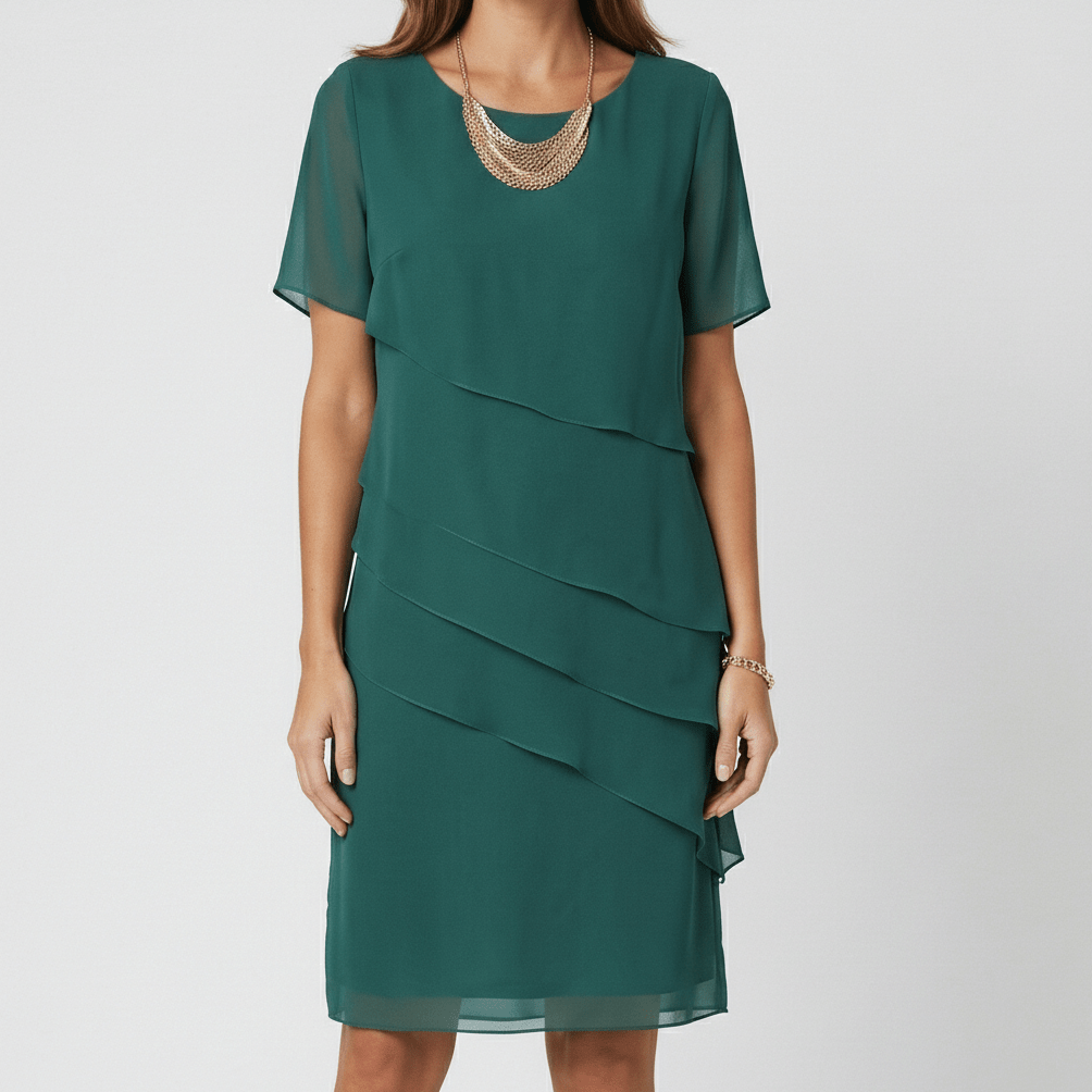 Willa Chiffon Short Sleeve Cocktail Dress with Layered Ruffle Design - Forest Green