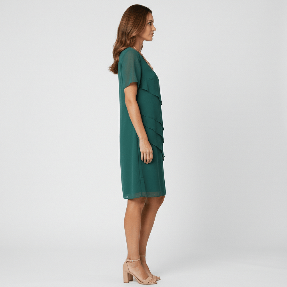 Willa Chiffon Short Sleeve Cocktail Dress with Layered Ruffle Design