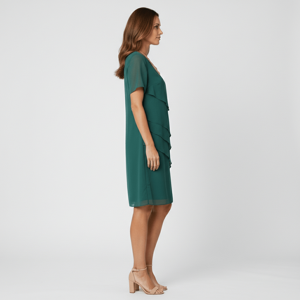 Willa Chiffon Short Sleeve Cocktail Dress with Layered Ruffle Design