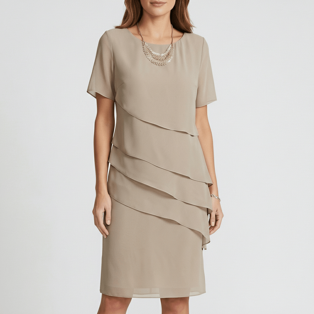 Willa Chiffon Short Sleeve Cocktail Dress with Layered Ruffle Design - Stone Beige